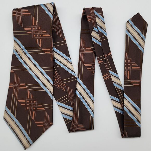 Montgomery Ward Necktie Stripe Geometric Brown Blue 4.25" W 56.5" L VTG Retro - Picture 1 of 5